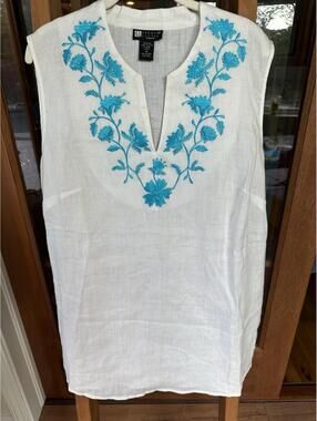 Carole Little Women's 100% Linen Sleeveless Embroidered Top Size 1X Beach Resort